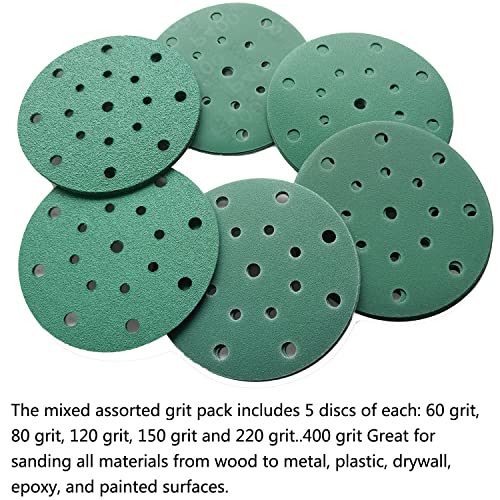 Премиум 30 пакет 6 инчи 17 дискови за пескање на дупки - Тешка шкурка за кука и јамка за случаен орбитал Сандерс - 60,80,120,150,220,400