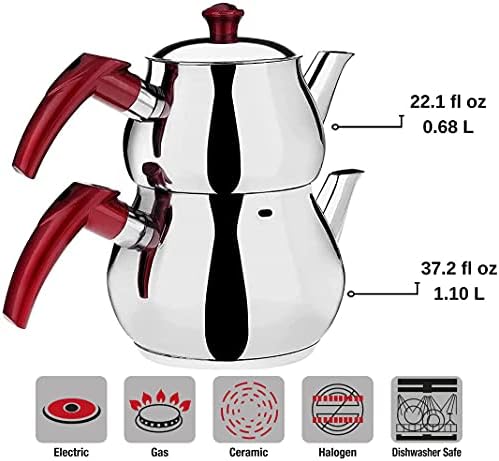 Destarya Turksight Teapot сет, не'рѓосувачки челик садови со двојни чај за шпорет, производител на чај со цедалка, котел за чај во стилот