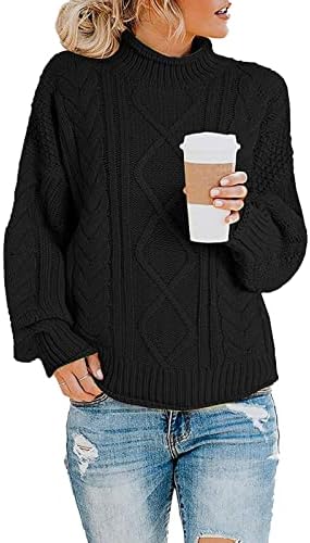 Turtleneck џемпер за жени обичен бучен кабел плетен кабел пулвер џемпери гроздобер долг ракав лабав џумер врвови црно