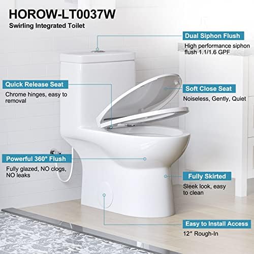 Хороу HR-LT0037W издолжено едно парче тоалетно, моќен и тивко двојно испирање модерен тоалет и hWMT-8733 Мал компактен тоалет едно парче,