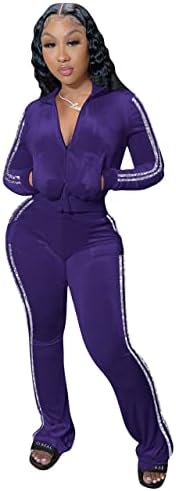 yidengymx женски велур џогер тренер за две парчиња облека за жени, долги ракави зип на врвови на култури јакна јакна разгорени панталони со кои