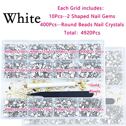 4920pcs rhinestones за нокти, бели нокти кристални rhinestones повеќе големини на тркалезни мониста камења мулти форми рамни