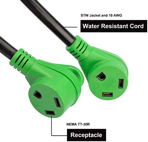 Rvguard rv y адаптер кабел 50 засилувач 14-50p машки приклучок до две 30 засилувачи TT-30R женски со рачка за исклучување, зелена