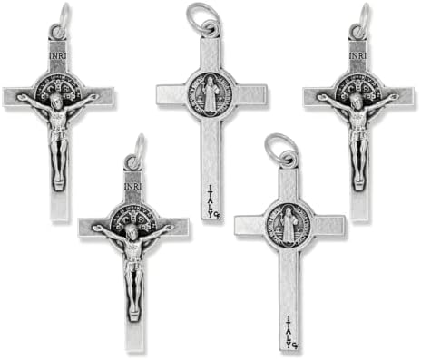 Caritas et fides Масовно пакување од 5 - Свети Бенедикт Распрскувач Голем крст за правење бројаница - 1 1/2 Сребрена оксидирана
