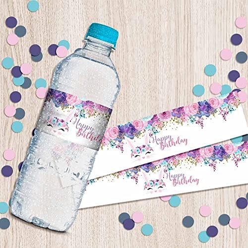 Акварел Цветни зајаче лице роденден со тематски водоотпорни налепници за шише со вода 20 завиткувани околу етикетите со големина 1,75 x 8,5
