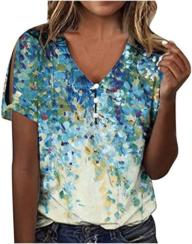 Туника на врвот за жени летни кратки ракави Tees v вратот на копчето пулвер обичен тренинг врвови гроздобер графички хенли кошули