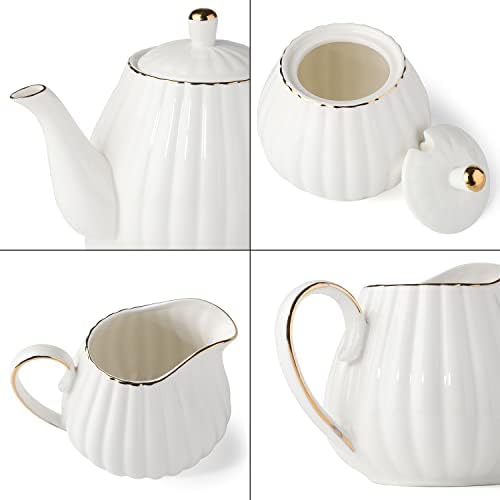 Сет на чај од порцелански чај -7 мл чаши чаши и чинии за чинии за 6, злато тримпумппкин флитирана форма кафе чаша сет со сад за чај,