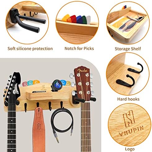 Hpgjlee Природно цврсто дрво гитара wallид монтиран-гитара закачалка со полица и држач за држачи-гитари