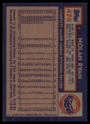 1984 година Бејзбол Топс 470 Нолан Рајан Хјустон Астрос Официјална картичка за тргување со бејзбол во сурова состојба