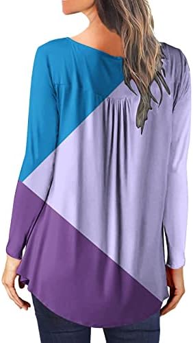 Облекани врвови за жени со боја на бои, плетенкав В-врат Туника Врв со долг ракав Отворено копче лабаво вклопување на блуза Флут Туника кошула