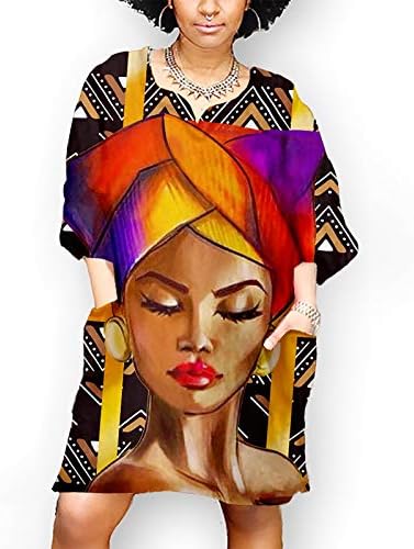 Жени Плус Големина Фустан Мода Африкански Гроздобер Печатење Среден Ракав V Вратот Преголем Обичен Мини Партиски Фустан Со Џеб