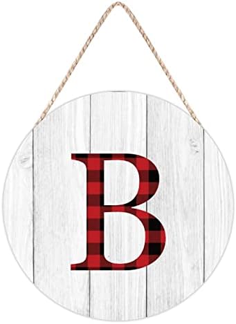 Почетни букви декор околу дрвени плакети што висат знак за декор на влезната врата, Божиќно црно црвено биволо карирано монограм буква Б знак