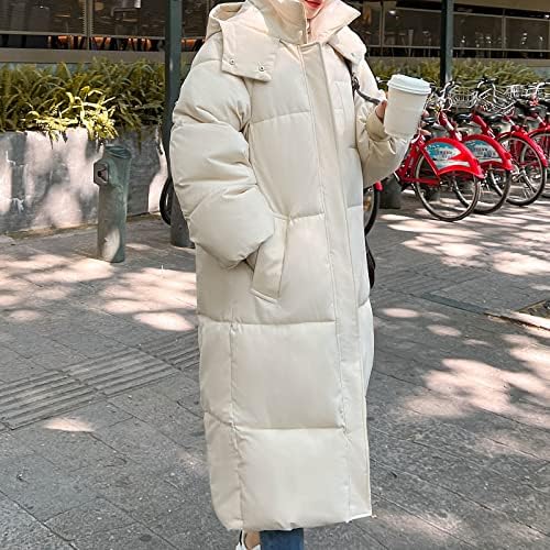 Долги зимски палта за жени со качулка со ветровито, топла пуфер надолу јакна лабава долга ракав патент цврста облека со палто