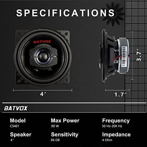 BatVox CS401 90 Watts 4 инчи 2 начини 4 ом импеданса и пиезо твитер за врвни звучници за аудио коаксијални автомобили, систем за стерео