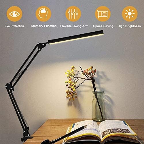 LED биро ламба, агол-прилагодлива за замав со рака со прицврстувач, заштеда на енергија, режими против сино око, 3 режими на бои
