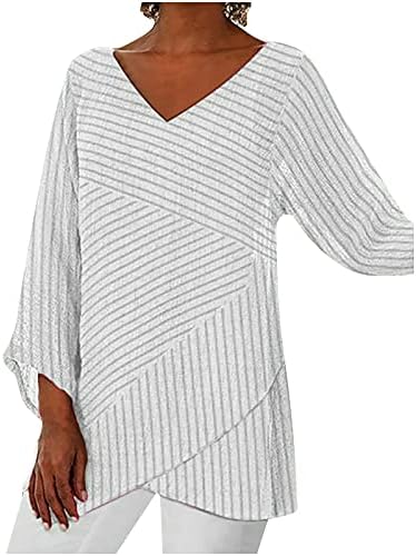 Женски ленени врвови за туники за хеланки против маичка со шарени печати од вратот 3/4 ракави блузи случајни кошули