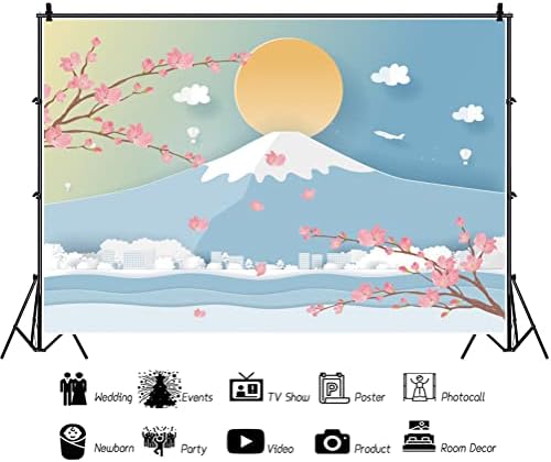 Dorcev 12x8ft цртан филм јапонски фуџи планински позадина розова цреша цвет жолта сонце фотографија позадина Јапонија тема забава