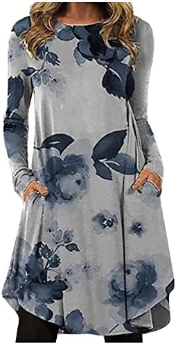 Nokmopo формални фустани за жени модни обични печатени печатени тркалачки врат пуловер лабава забава со долг ракав макси фустан