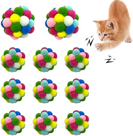 Играчка за топки со мачки на јанари - 13 пакувања Шарени меки мачиња топки со bellвонче внатре, интерактивно бркање мачки нејасни