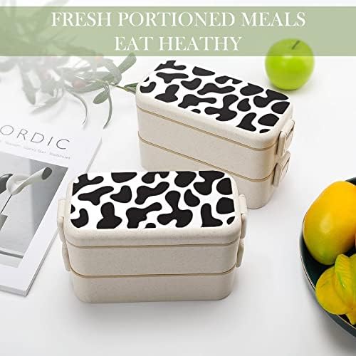 Црна и бела крава кожа двојно стабилна кутија за ручек бенто модерен бенто контејнер со сет за прибор