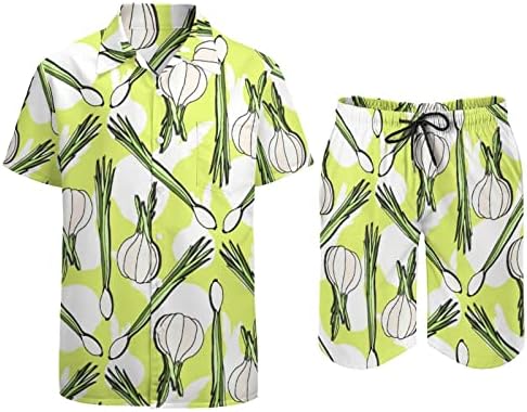 Вегански лушпа и лук мажи 2 парчиња хавајски сет копче-долу кошули со кратки ракави, панталони за плажа лабави вклопени манкети