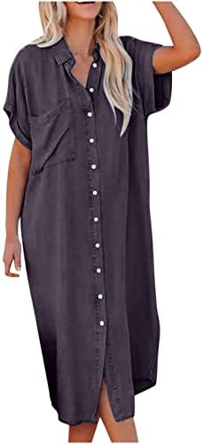 Женски тексас кошула фустан мода со долг ракав копче надолу во смена облекување обичен лабав гроздобер Jeanан Лонг макси фустан