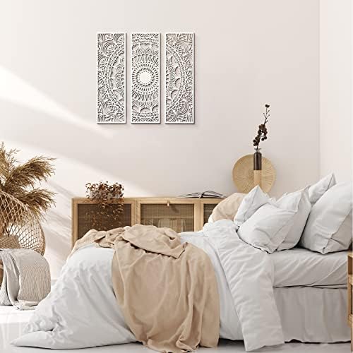 Мандала wallидна уметност 3 парчиња врежан дрвен wallид уметност цветна естетска дрвена плакета поставена дрво резба wallид декор елегантна