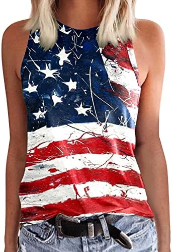 4-ти јули резервоар за врвови за вежби за жени Патриотско американско знаме маички со кошули О-вратот Обични врвови за туники без ракави