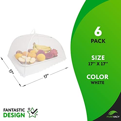 Purevacy Pop Up Mesh Food Cover за надворешни работи, 17 x 17, пакет од 6 бели шатори за храна што може да се склопува со рамка од не'рѓосувачки