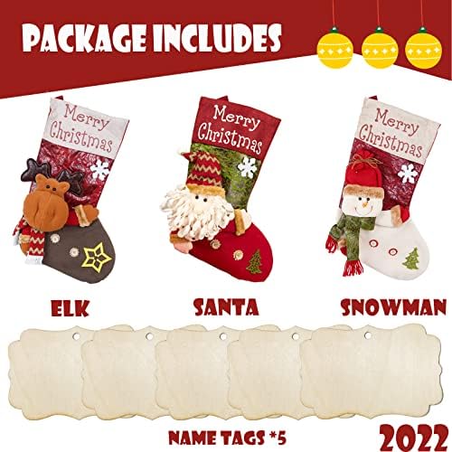 Холагз 3 Спакувајте Божиќни Чорапи, 19 Големи 3Д Божиќни Порибувања со 5 Псц Дрвени Празни Ознаки За Имиња, Скали Камин Виси Порибување За Семејни