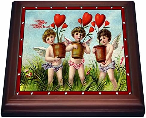 3drose три деца од Купидон кои држат срцеви растенија текстурирани и гроздобер) триверт со керамичка плочка, 8 на 8 , кафеава