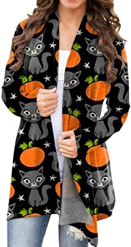 Женска Ноќта на вештерките обични блузи животински мачки печати кардиган палто со долг ракав врвови смешни отворени предни кардигански маици