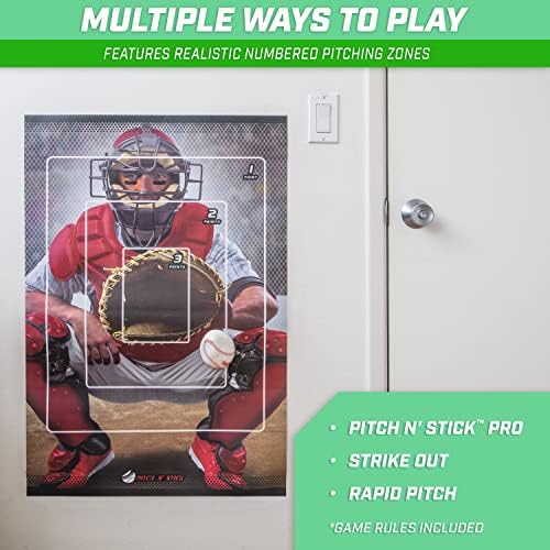 GoSports Pitch N 'Stick Kids Baseball Blaybing Game - Вклучува targetидна цел на постер и 4 лепливи бејзбол на топката