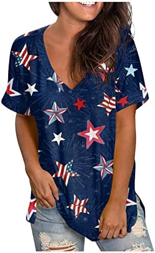 Womenените летни врвови секси кратки ракави на 4-ти јули патриотски печатени врвни обични тркалезни блузи кошула фустани маици