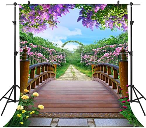 ФМОЈЕН Шарени Цвеќиња Цвет Фотографија Позадина Дрвен Мост Цветна Градина Позадина Винил 5х7фт Фото Снимање Реквизити HXPH010