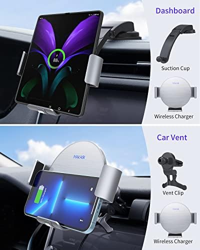Полнач за безжични автомобили Makaqi за Galaxy Z Fold 4/3/2, Двојна калем автоматско прицврстување на безжичен полнач за автомобили за iPhone 14/13/12/11 Pro Max/X, држач за брзо полнење н?