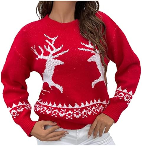 Божиќен ирвас плетен џемпер за жени со долги ракави екипаж на екипаж на екипаж на екипаж, пулвер за пикалови со црвени џемпери