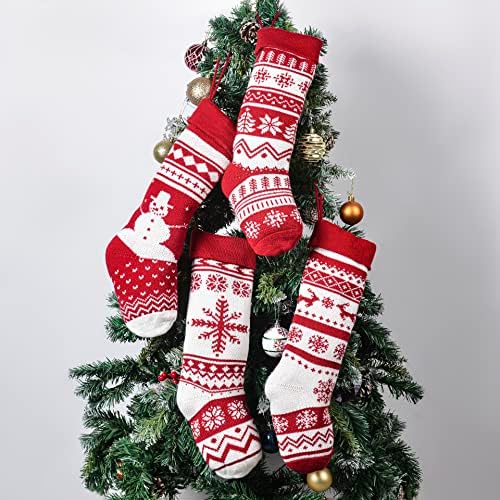 Божиќни чорапи 4 пакувања, 18инш големи плетени Божиќни порибници скали скали дрво виси декорација семејна забава декор