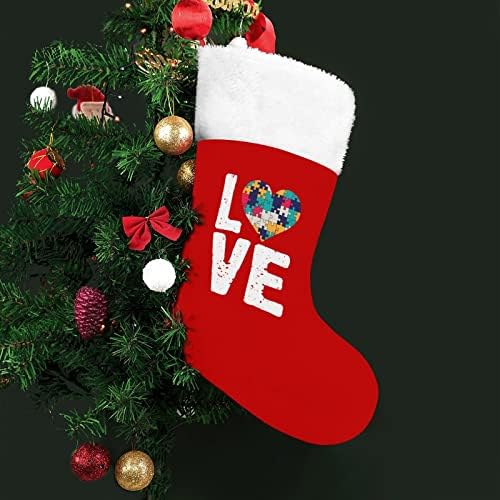 Свесност за аутизам срце Божиќни чорапи црвен кадифе со бела торба за бонбони Божиќни украси и додаток на семејна забава