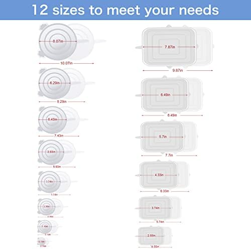 Силиконски Капаци за Истегнување за повеќекратна употреба 12 ПАРЧИЊА силиконски Капаци за Складирање Храна, Тркалезни И Правоаголни