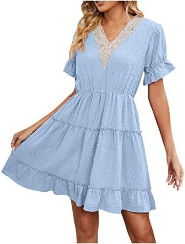 Chrortенски краток ракав v врат мини фустан Швајцарија точки со висока половината, линиски фустани лето проток на плажа краток фустан
