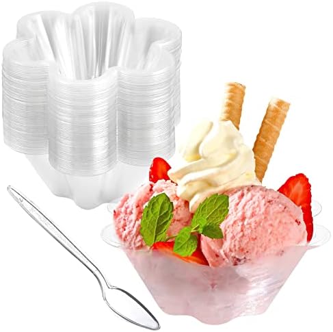 Qeirudu 50 пакувања чаши за сладолед со лажици - 8 мл пластични садови за сладолед за еднократна употреба пластични чисти чаши за сундери за