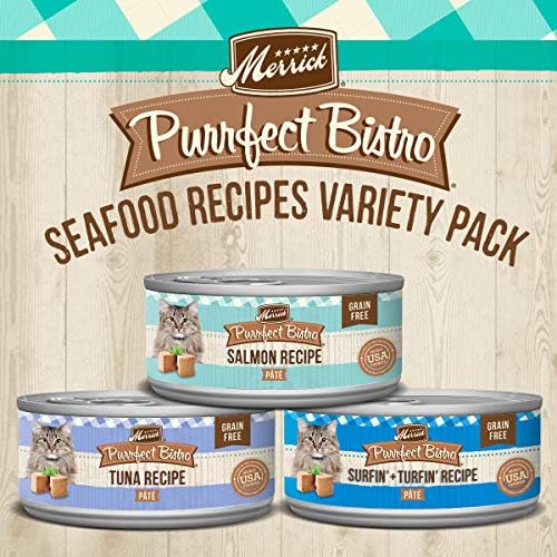 Merrick Purrfect Bistro Seafood сорта со разновидност на жито бесплатно рецепти за храна со мачки паштети - 5,5 мл. Лименки