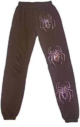 Youенски женски Y2K Spider Rhinestones Графички случајни удобни панк готски шорцеви есенски зимски тенок панталони за нозе