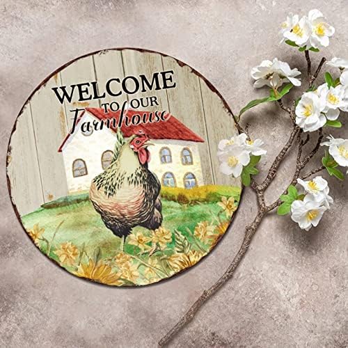 Тркалезен метален калај знак за плаки кокошки кокошки петелка, добредојде на нашата фарма куќа гроздобер венец знак метал постер
