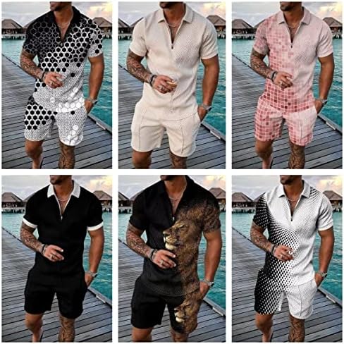 Birw Mens кратки комплети 2 парчиња облека Поло кошула мода летни патеки на летни патеки, случајни кратки ракави и шорцеви поставени за