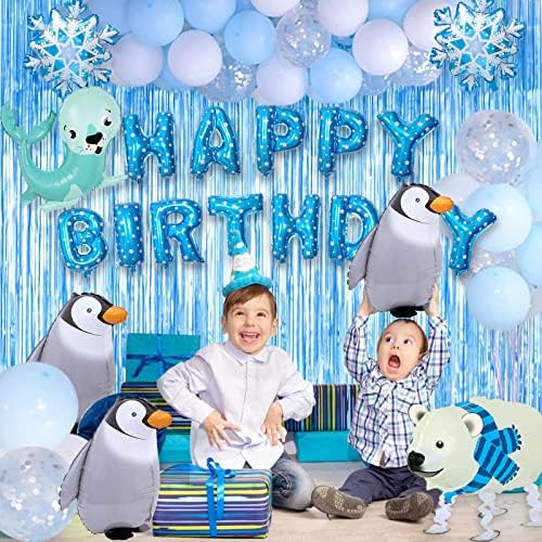 Пингвин Роденден Декорација За Деца Сина Позадина Замрзнати Пингвин Партија Материјали Вклучува Роденден Банер Одење Балони
