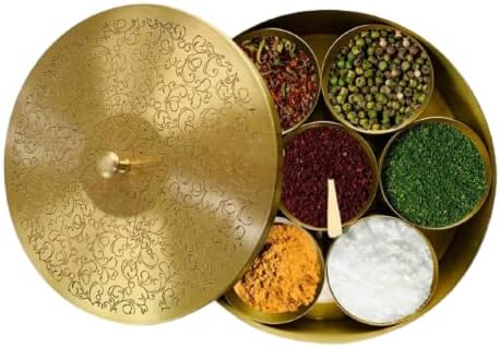 Pure Brass Handmade Masala Box Masaladani /Masala Dabba, Spice Container with Embossed Lid Masala Box - Indian Spice Storage Box - Spice Rack