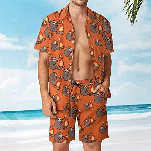 Weedkeycat Смешна камп -оган машка облека за мажи на плажа 2 парчиња Хавајско копче надолу со кошула Краток ракав и шорцеви
