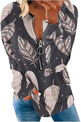 Есенски модни врвови жени полу -патент пуловер џемпери лабави каузален пердув печати туника врвна кошула со долги ракави дуксери